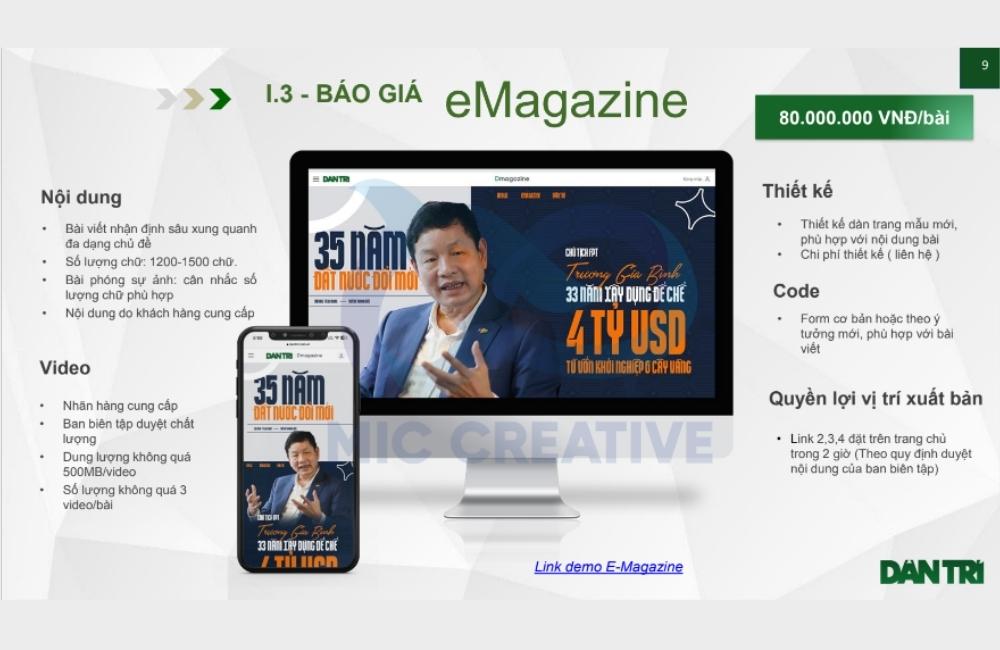 Báo giá bài PR trên báo Dân Trí dạng eMagazine