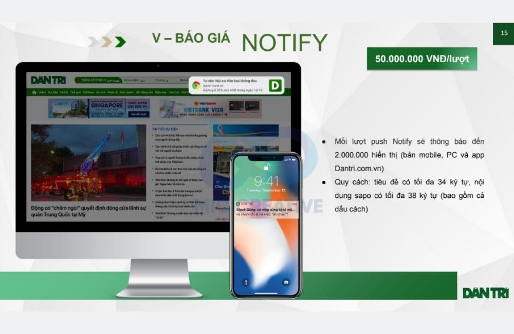 Báo giá bài PR trên báo Dân Trí dạng Notify