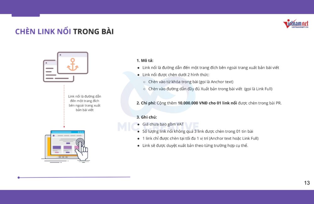 Báo giá bài PR Vietnamnet chèn link nổi trong bài