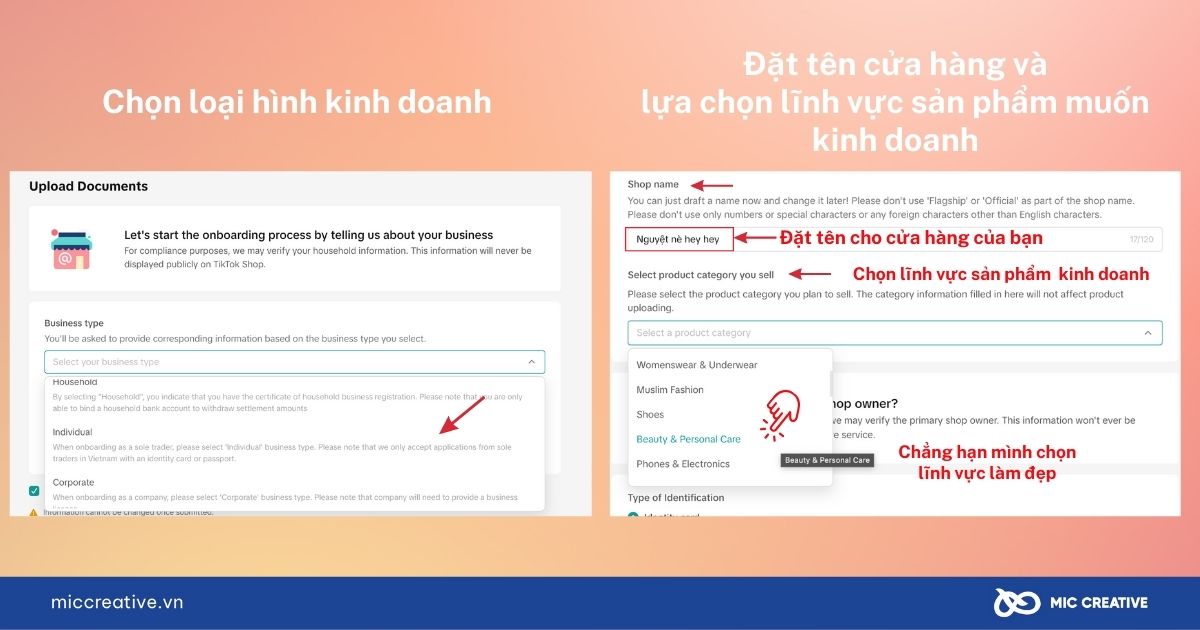 Điền thông tin để hoàn thành việc đăng ký tài khoản tiktok shop