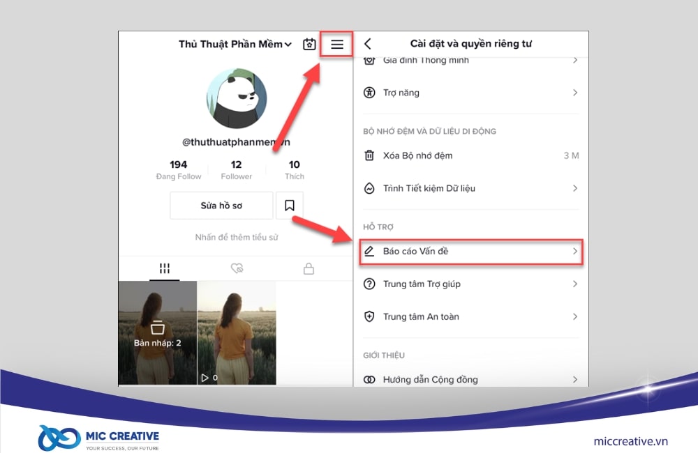 Sau khi tới trang Cài đặt và Quyền riêng tư hãy chọn Báo cáo vấn đề để được hỗ trợ.