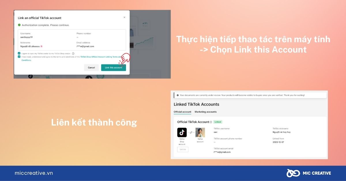 Thực hiện hướng dẫn theo ảnh để hoàn thành việc liên kết