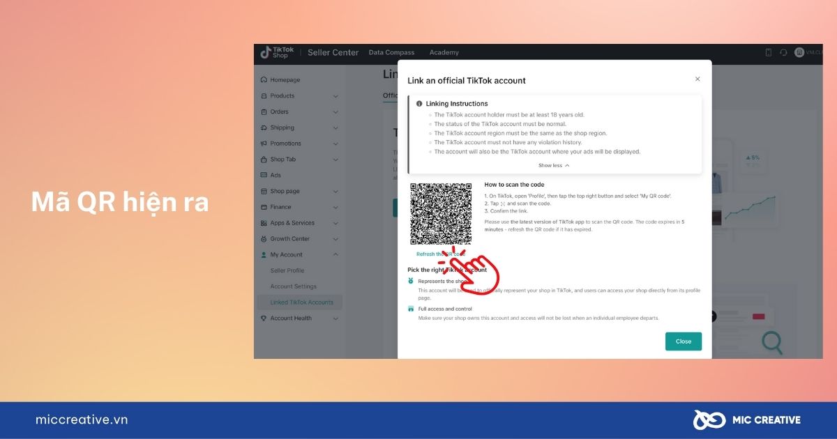 Mã Qr sử dụng liên kết tài khoản Tiktok shop