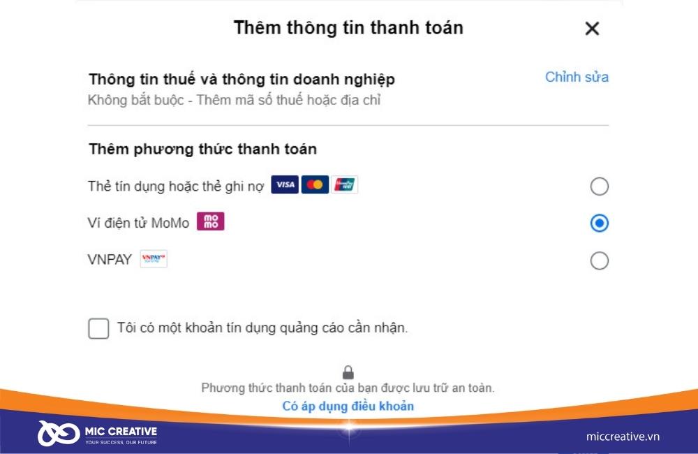 Chọn phương thức thanh toán và điền thông tin để xác nhận