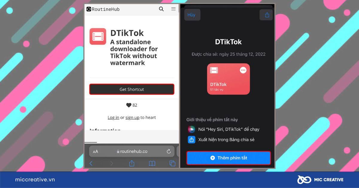 Vào mục Get Shortcut để thêm phím tắt DTikTok