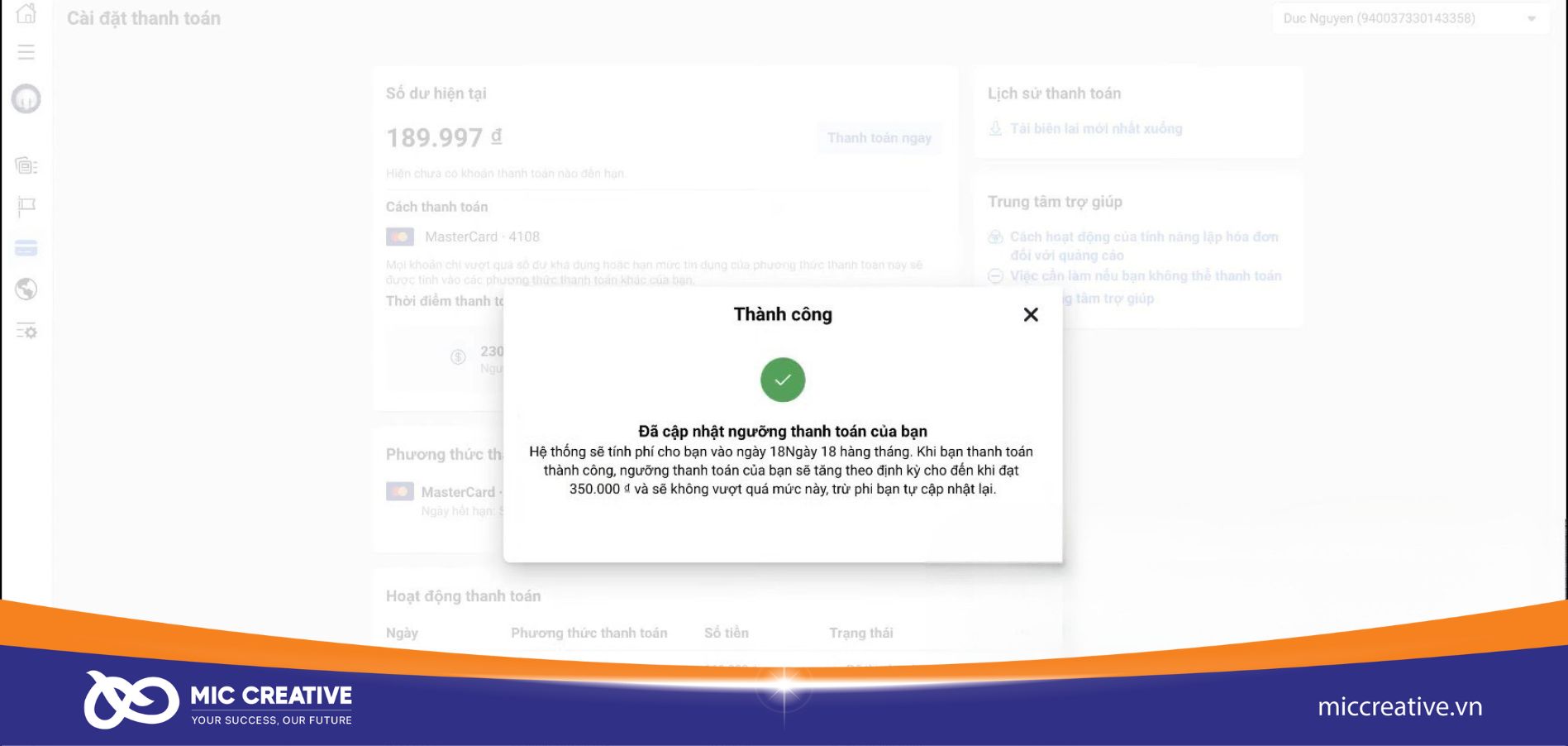 Popup ngưỡng thanh toán Facebook đã được cập nhật thành công 