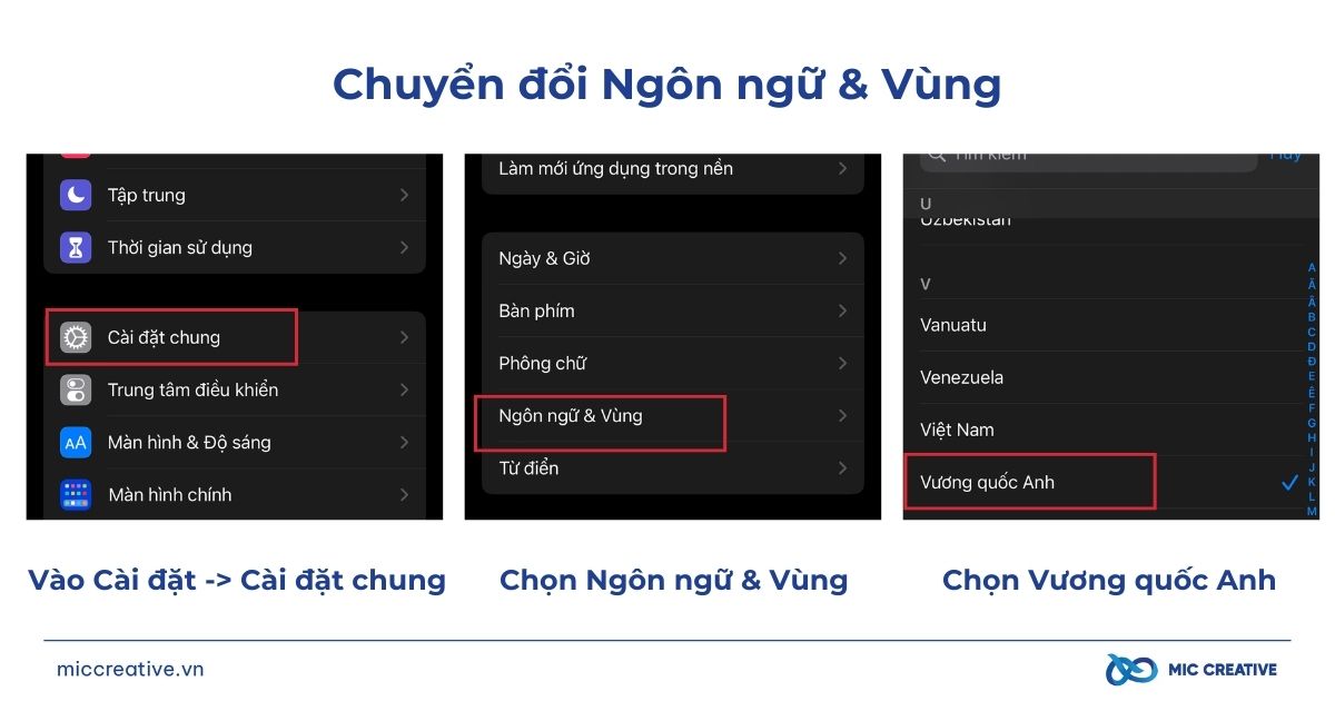 Chuyển đổi Ngôn ngữ & Vùng sang Anh
