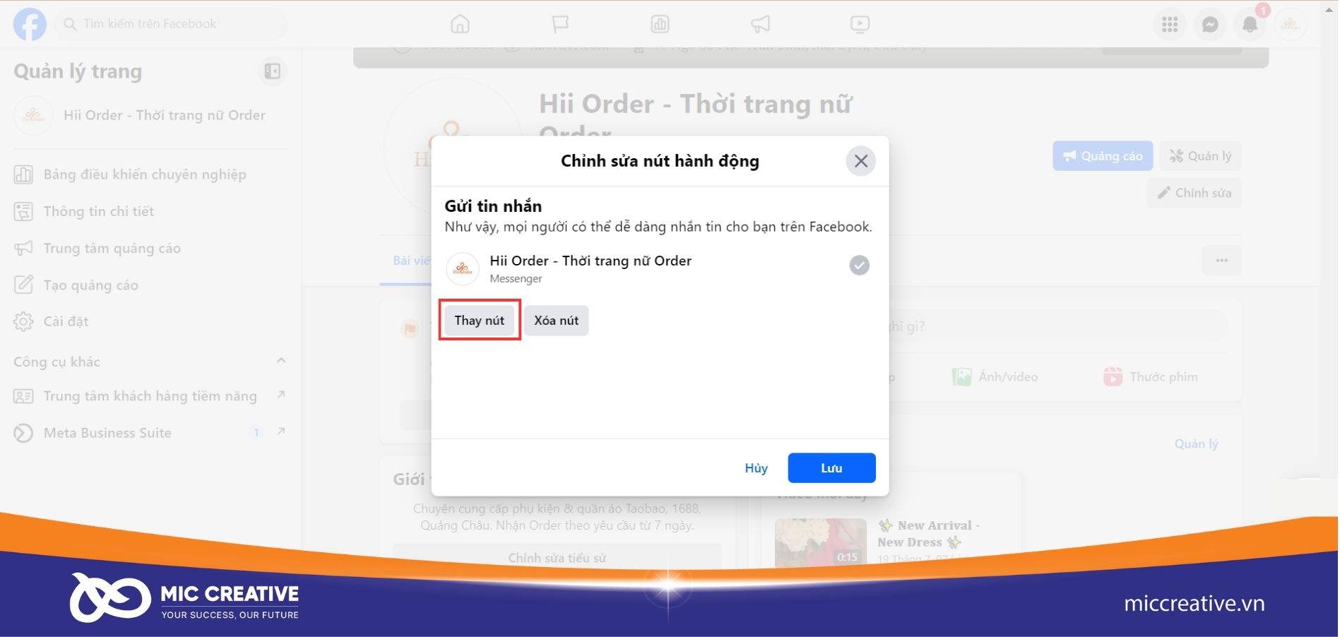 Nhấn vào thay nút để chính sửa nút hành động mà bạn muốn