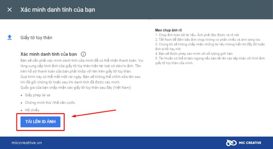 Chọn Tải lên ID ảnh để gửi ảnh chụp giấy tờ cho Google