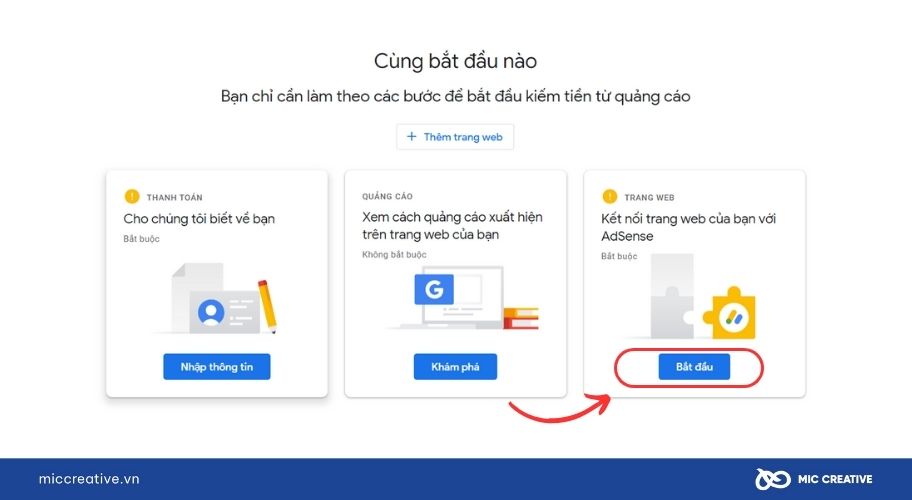 Chọn bắt đầu trong mục Trang Web