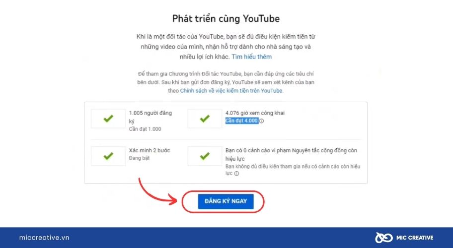 Nếu tài khoản của bạn đủ điều kiện, bạn sẽ thấy được nút Đăng ký ngay