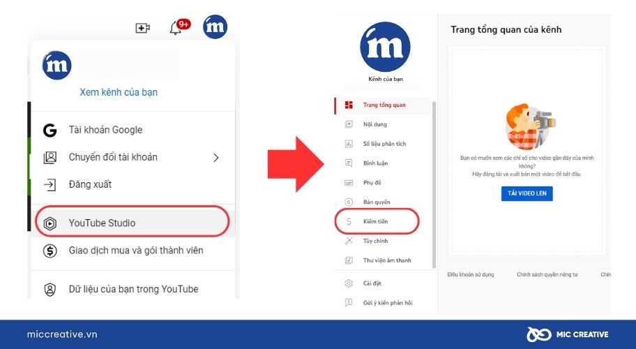 Truy cập mục Kiếm tiền trong Youtube Studio
