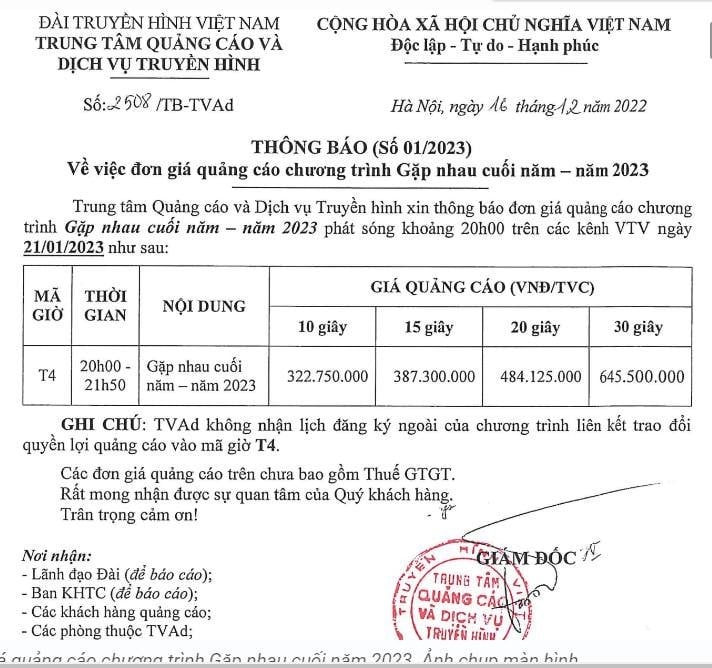 Bảng giá quảng cáo trong chương trình “Gặp nhau cuối năm”