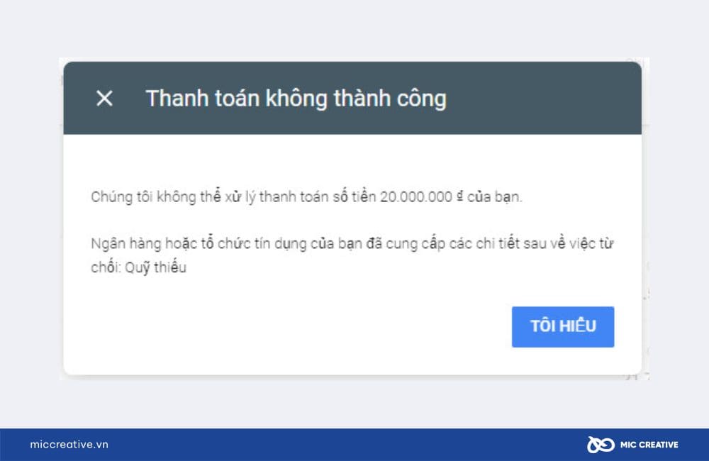Thông báo thanh toán không thành công do số dư không đủ