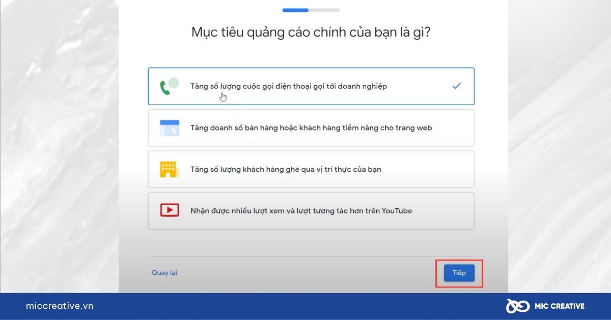 Chọn mục tiêu quảng cáo chính