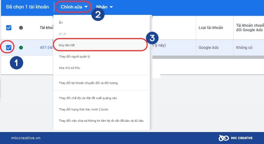 Chọn tài khoản cần hủy liên kết