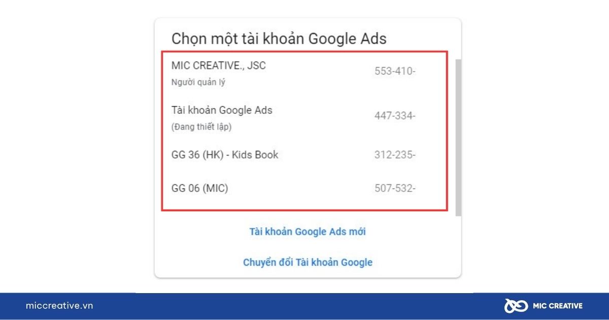 Chọn tài khoản Google Ads để đăng nhập