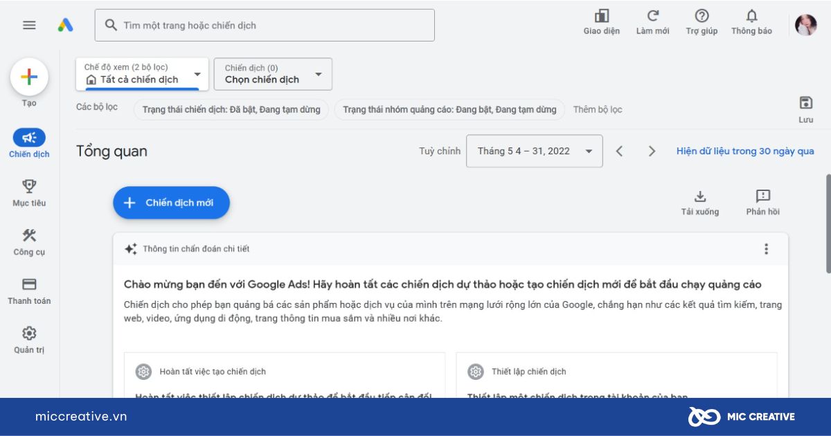 Giao diện sau khi đã đăng nhập Google Adwords
