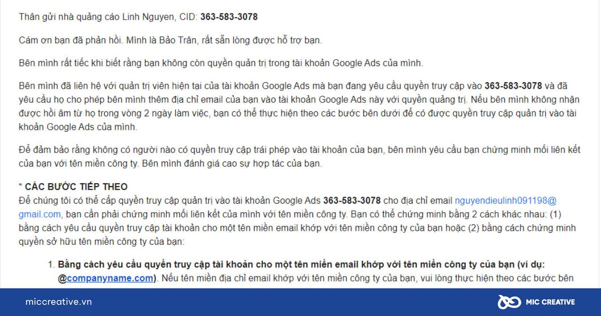 Email thông báo không có quyền truy cập và đăng nhập Google Adwords