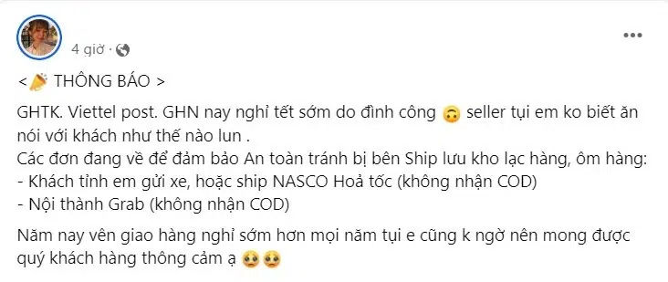 Người bán lo lắng khi các đơn vị vận chuyển ngừng nhận đơn, giao hàng chậm dịp cận Tết