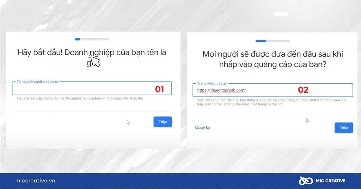 Nhập tên và trang web doanh nghiệp