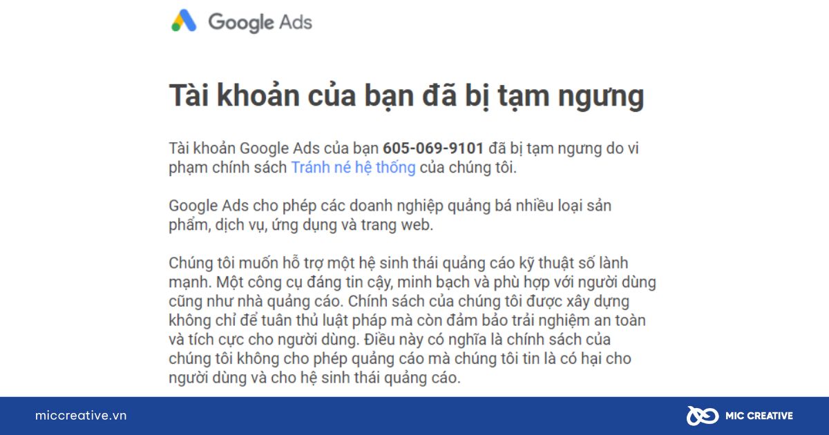 Tài khoàn bị tạm ngưng khiến tài khoản