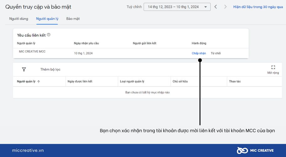 Xác nhận trong tài khoản được mời liên kết