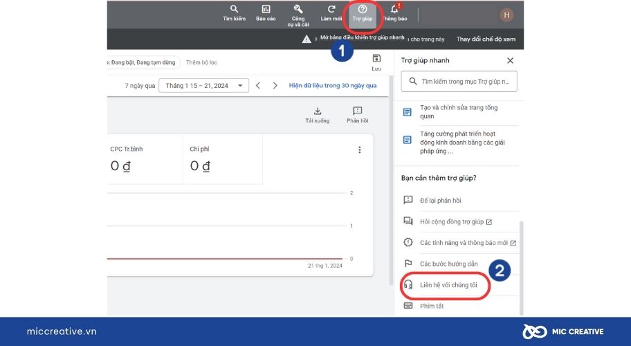 Mục trợ giúp trong giao diện Google Ads