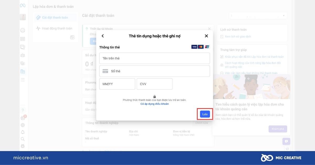 Giao diện của add thẻ Visa