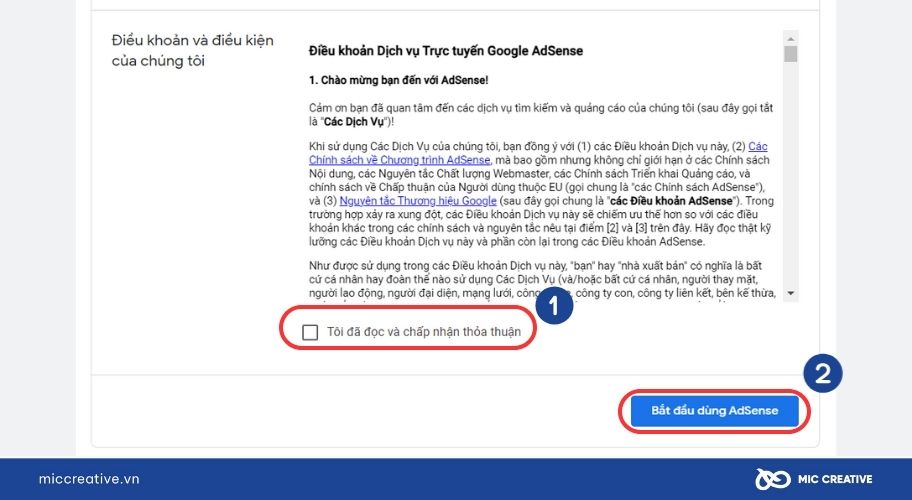 Tích chấp nhận thỏa thuận và hoàn tất quá trình tạo tài khoản AdSense