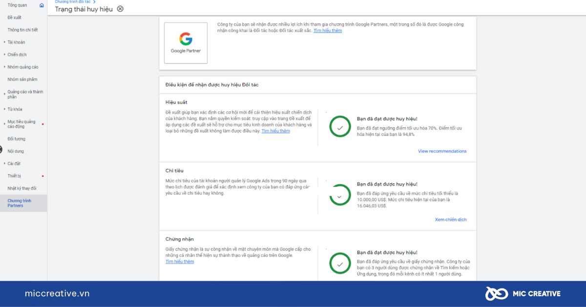 Giao diện trang chủ Google Partners