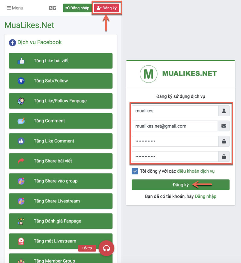 Đăng ký tài khoản MuaLikes.Net