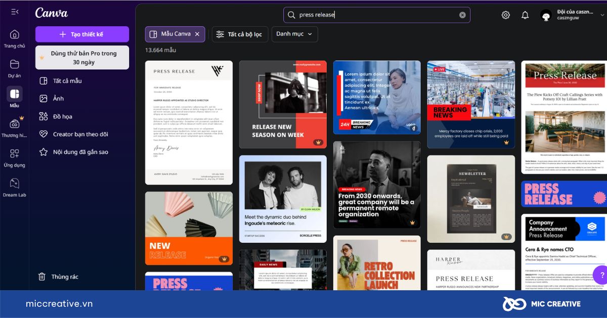 Tạo thông cáo báo chí mẫu bằng Canva