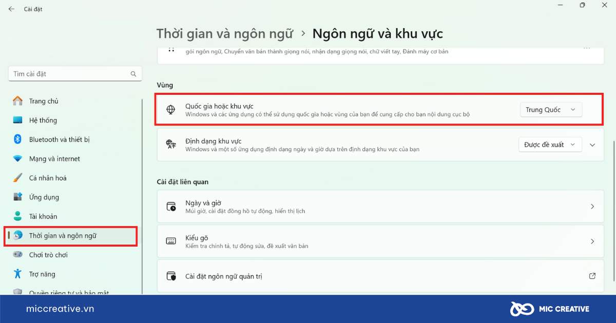 Thay đổi vị trí địa lí vùng trong cài đặt