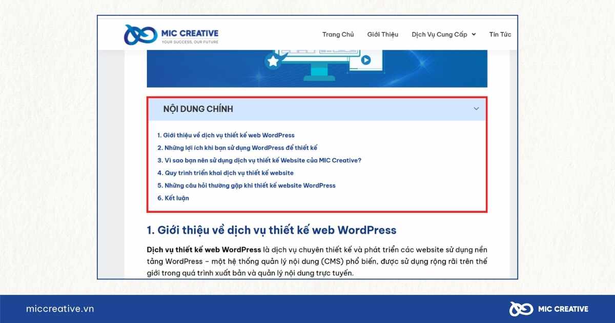 Bảng mục lục nội dung