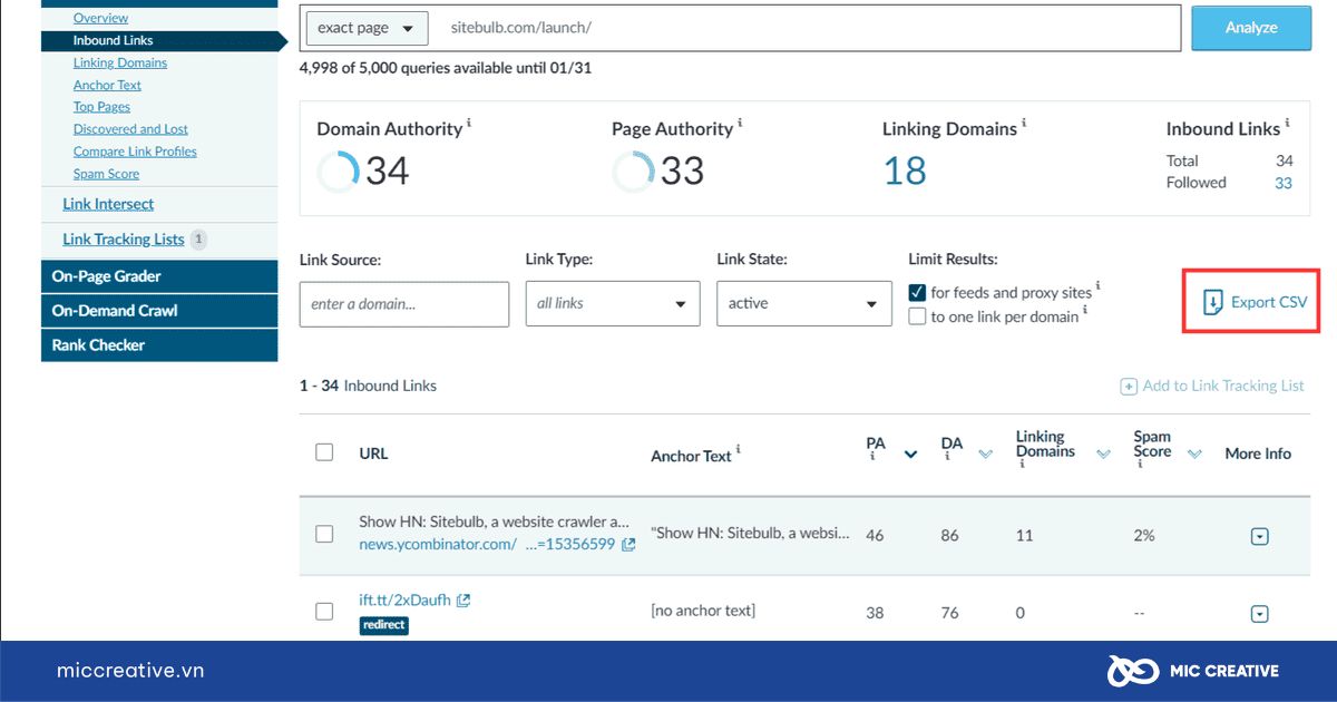 Chọn Export CSV để xuất dữ liệu backlink về máy
