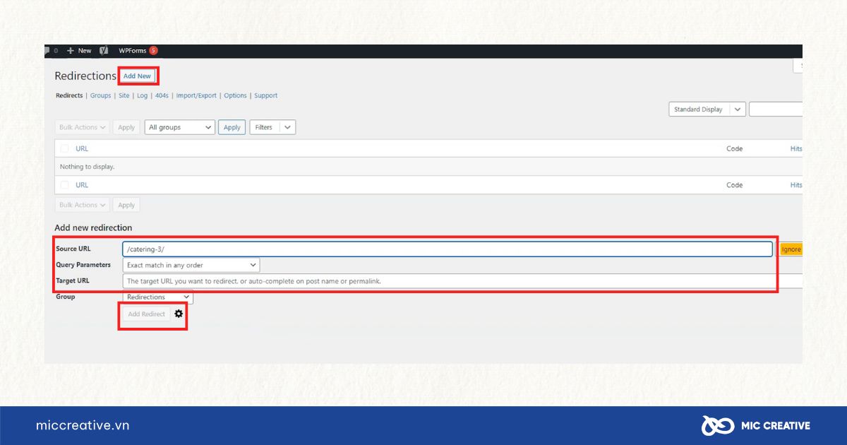 Nhập các thông tin để tạo Redirect 301