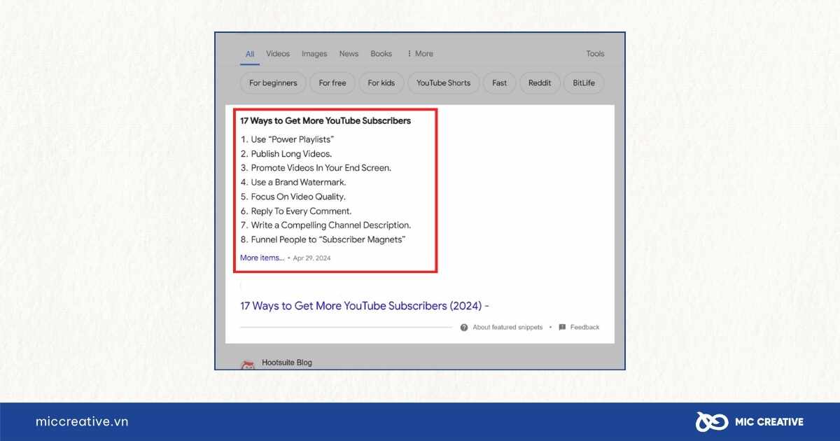 Các thẻ Subheading xuất hiện trên Featured Snippets