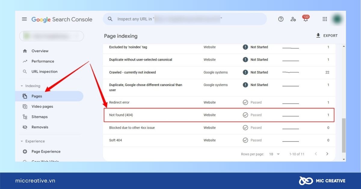 Chọn mục pages và tìm kiếm các trang liên kết bị lỗi 404