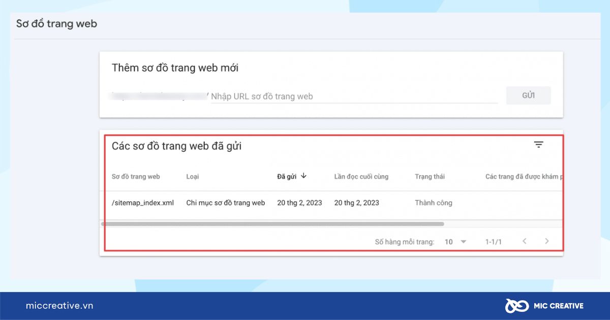 Trạng thái Sitemap sau khi gửi