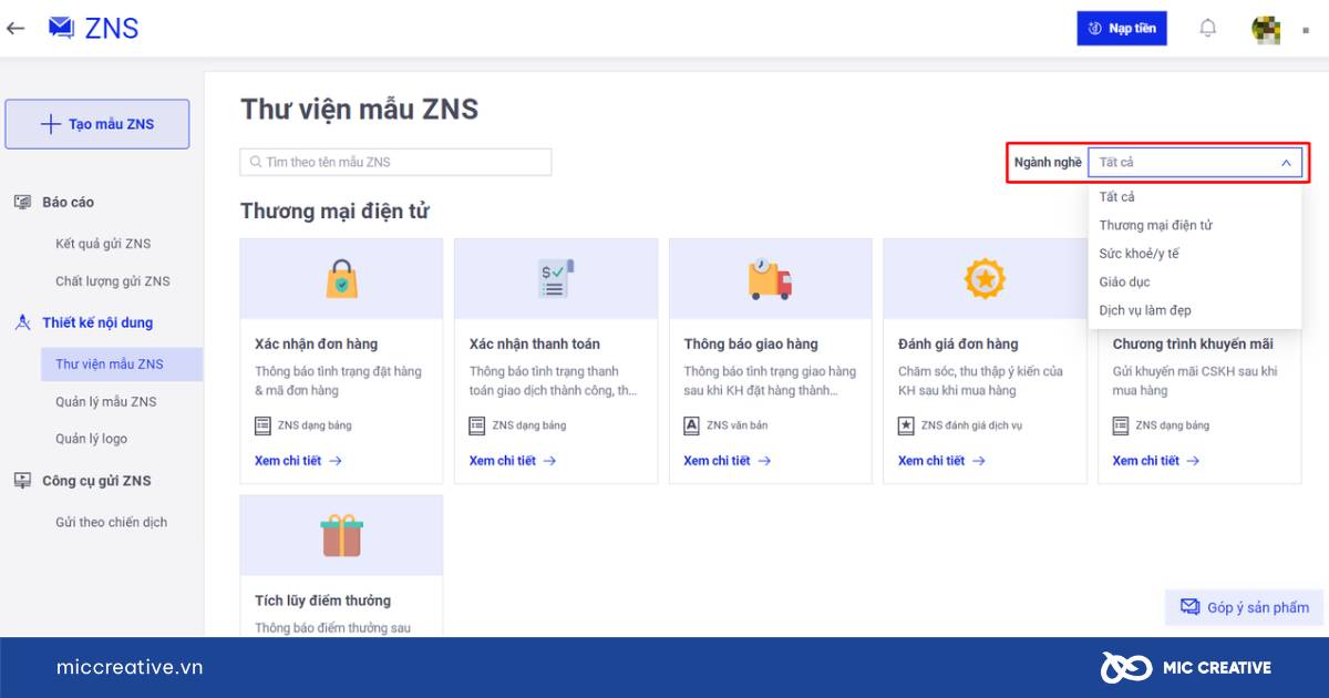 Lọc mẫu ZNS theo ngành nghề