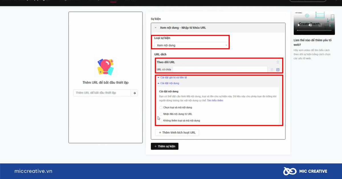 Thiết lập sự kiện URL