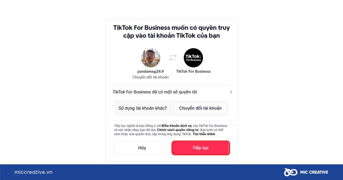 Cho phép TikTok For Business truy cập tài khoản TikTok