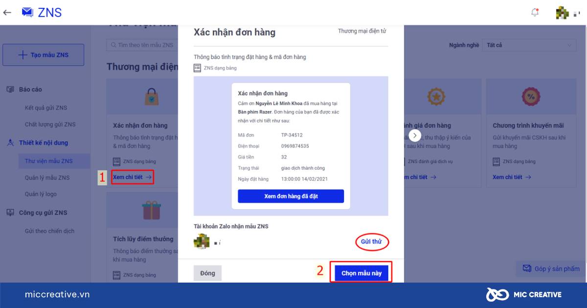 Chọn mẫu ZNS và điều chỉnh thông tin