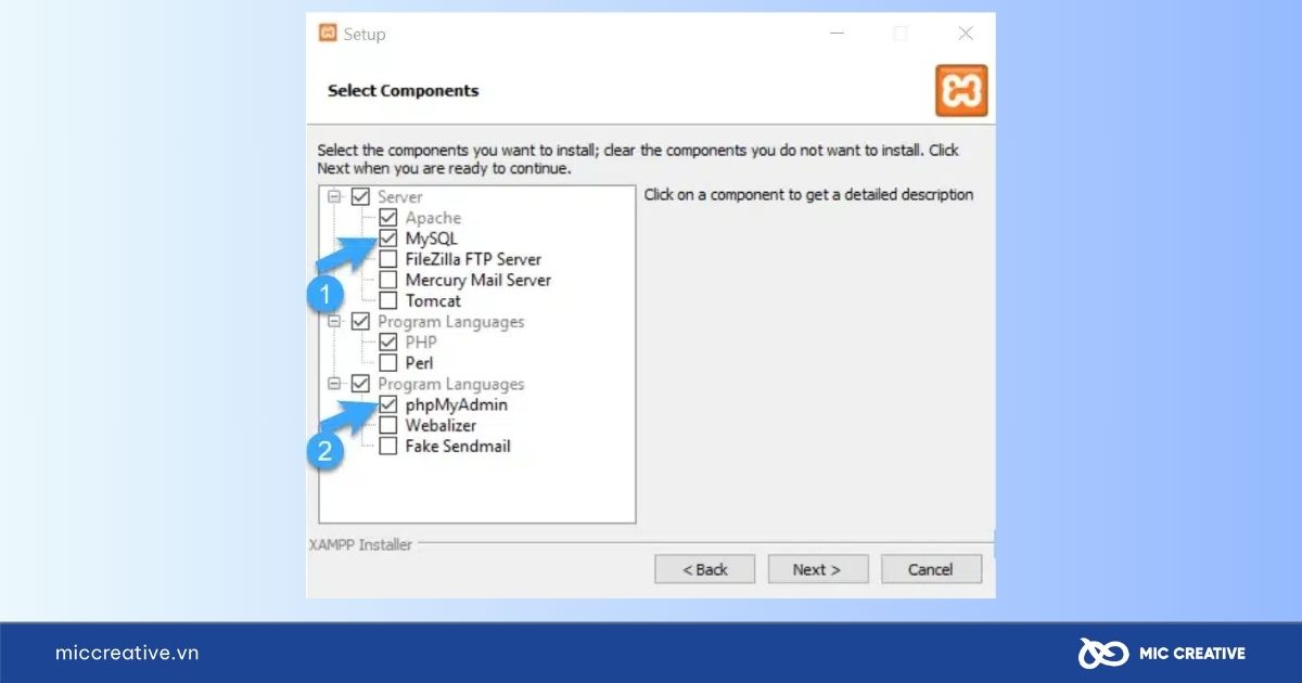 Chọn MySQL và phpMyAdmin