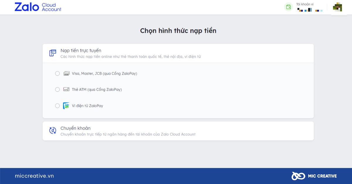Chọn phương thức nạp tiền