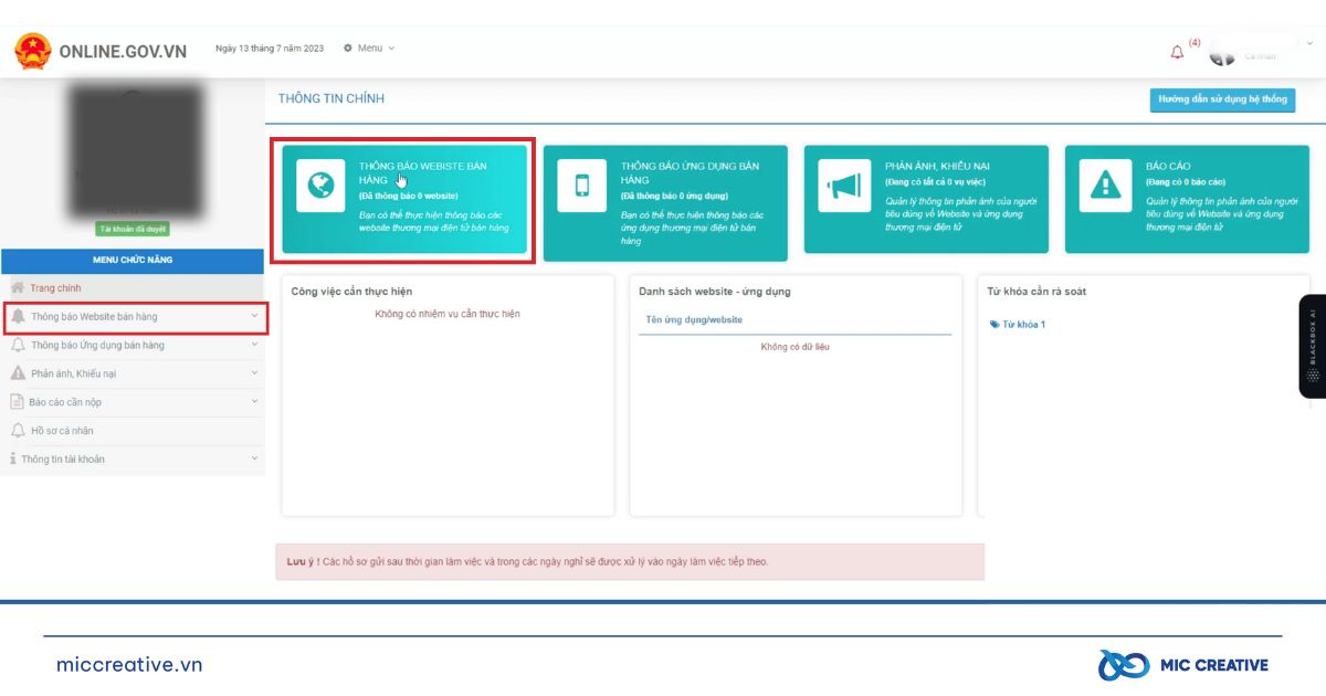 Nhấp vào Thông báo website bán hàng