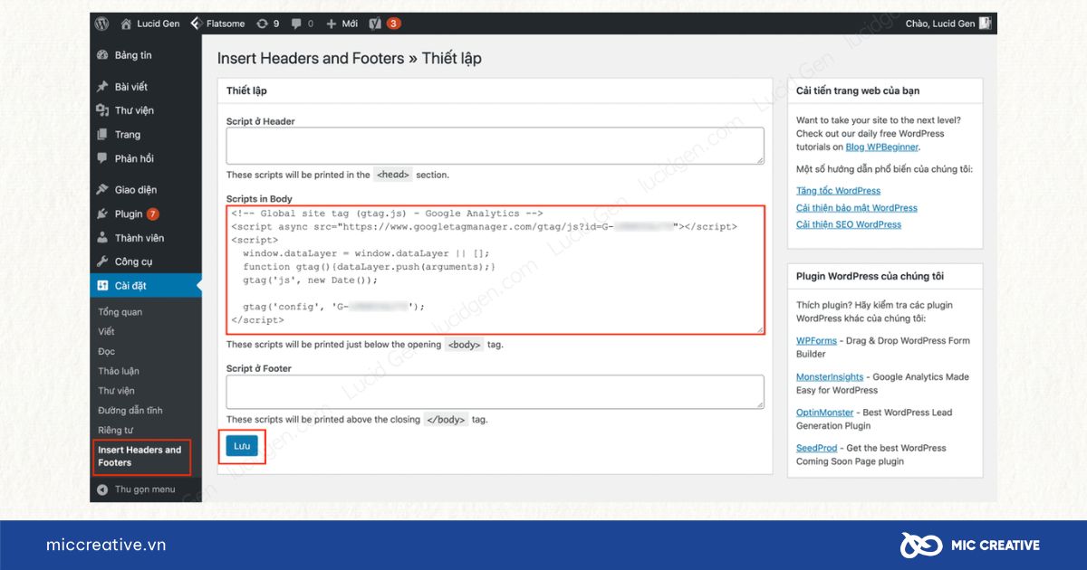 Dán mã thẻ đo lường vào WordPress thông qua plugin Insert Header and Footer
