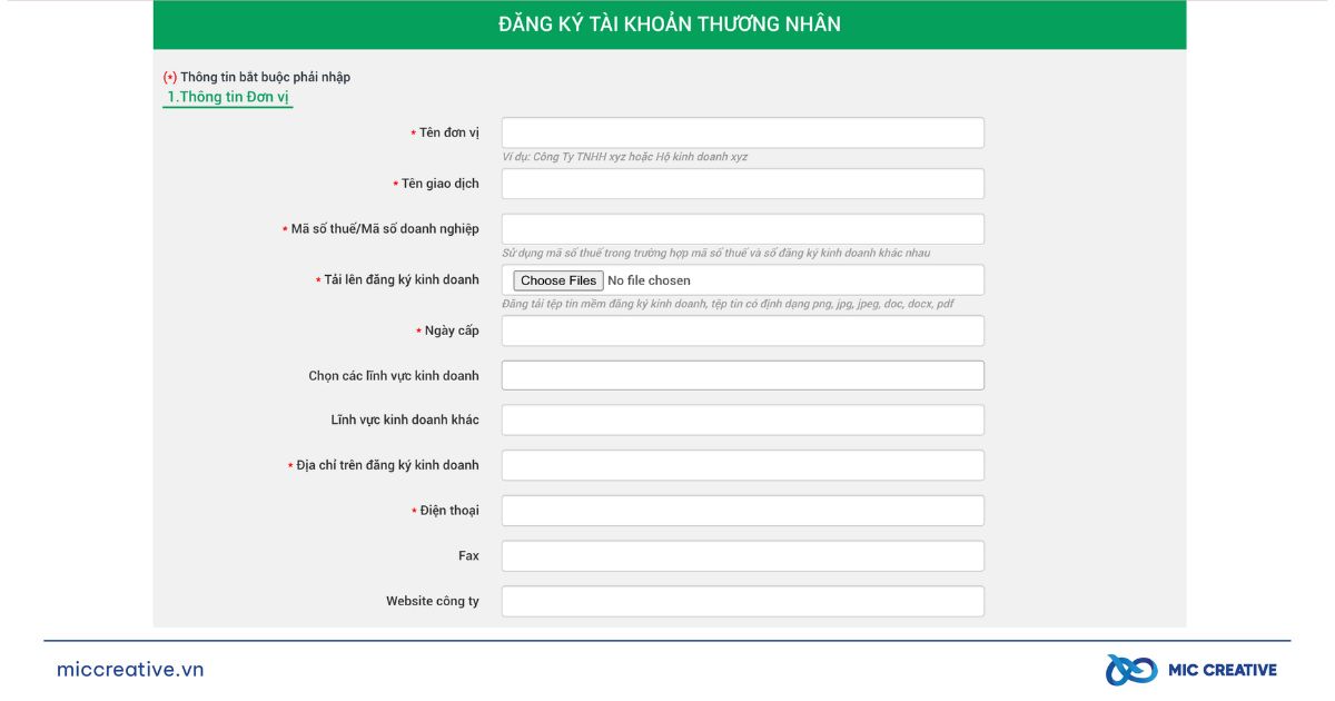 Điền các thông tin đăng ký tài khoản