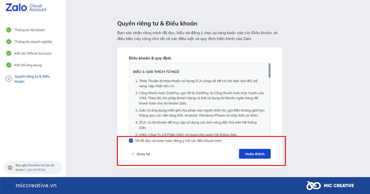Đồng ý các điều khoản thiết lập Zalo Cloud Account